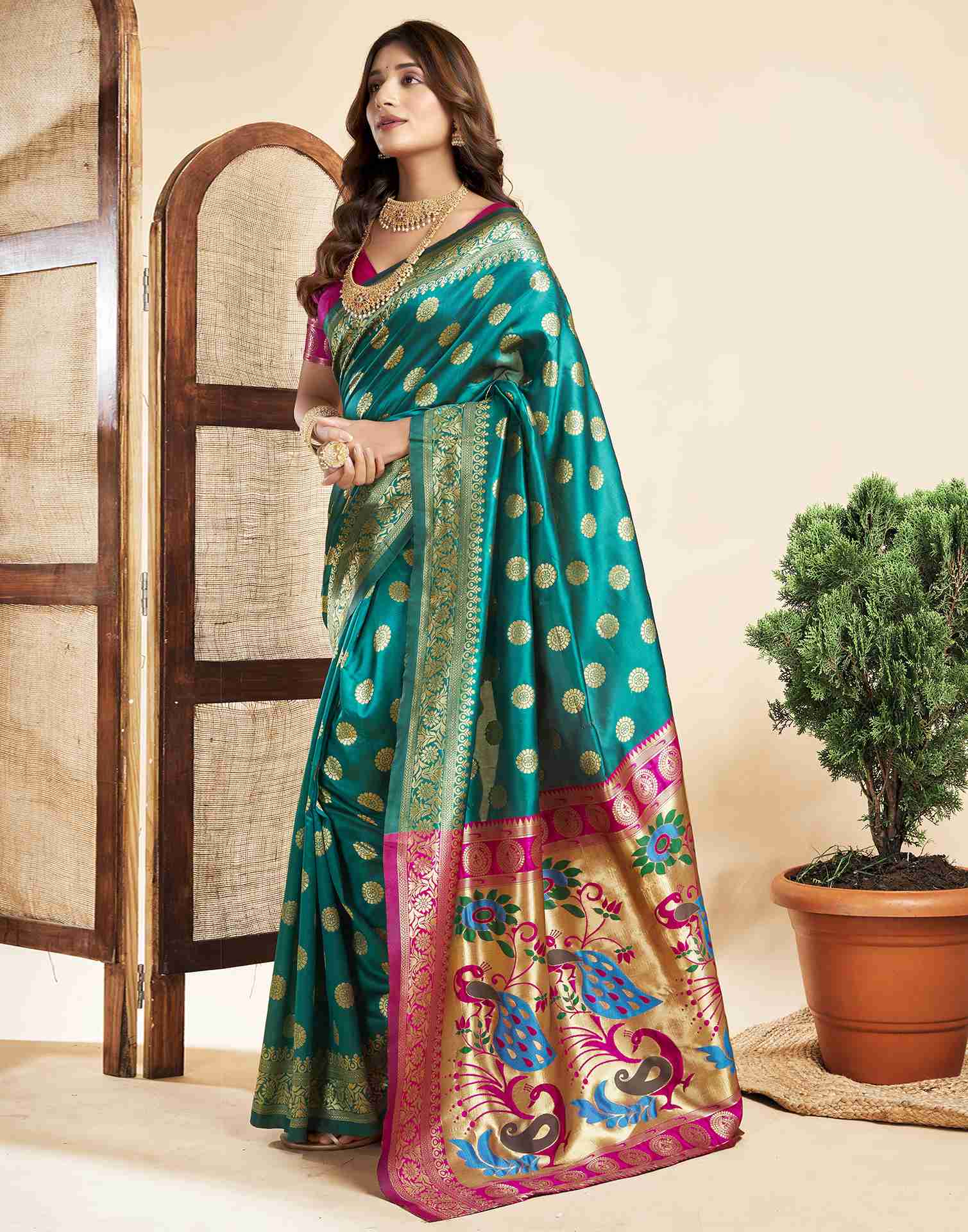 Teal Green Silk Woven Paithani Saree