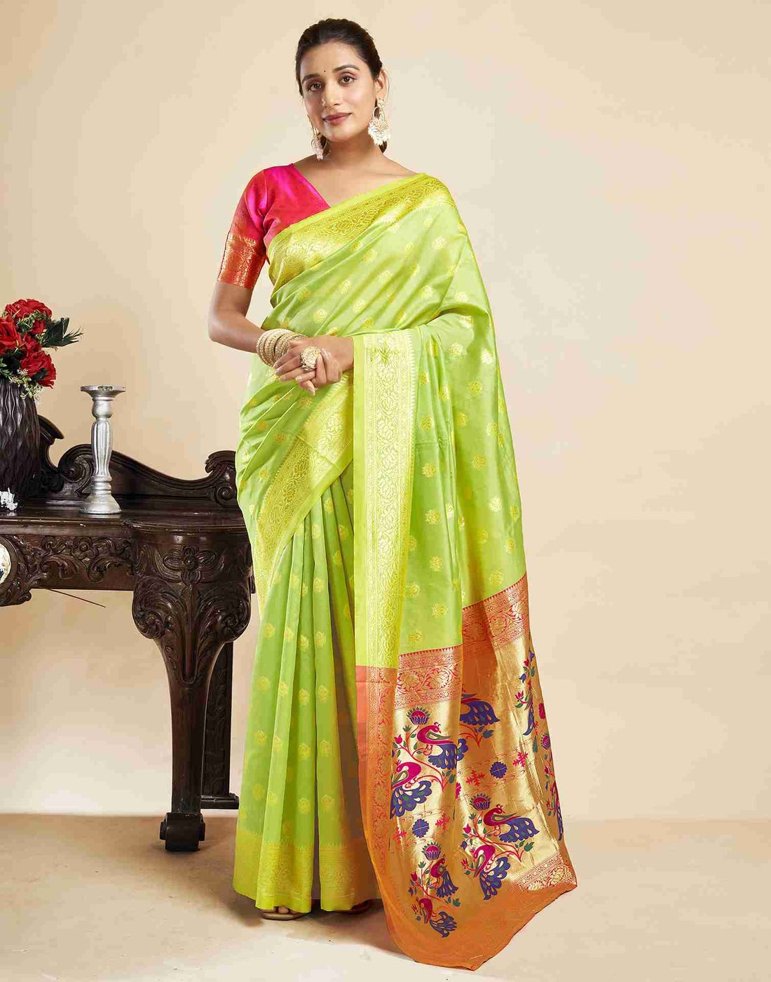 Lime Green Silk Woven Paithani Saree