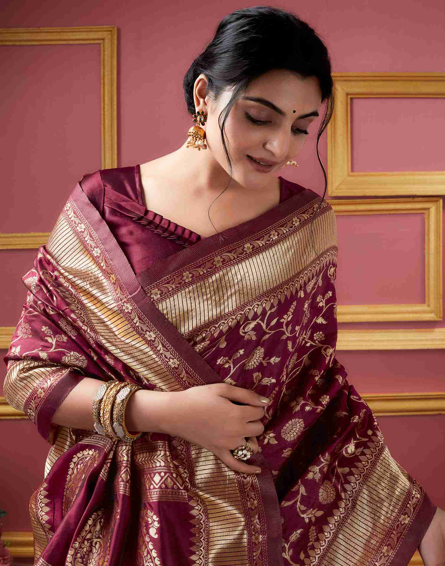 Dark Maroon Silk Plain Saree Leemboodi