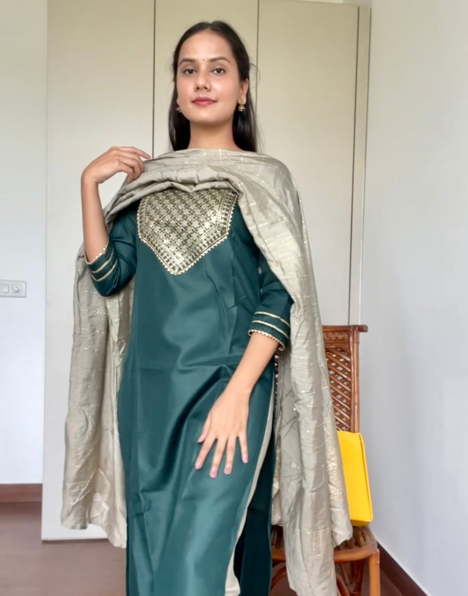 Green Cotton Embroidery Straight Kurta With Pant And Dupatta
