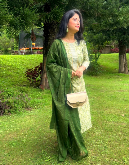 Green Cotton Printed Straight Kurta Kurti With Pant And Dupatta