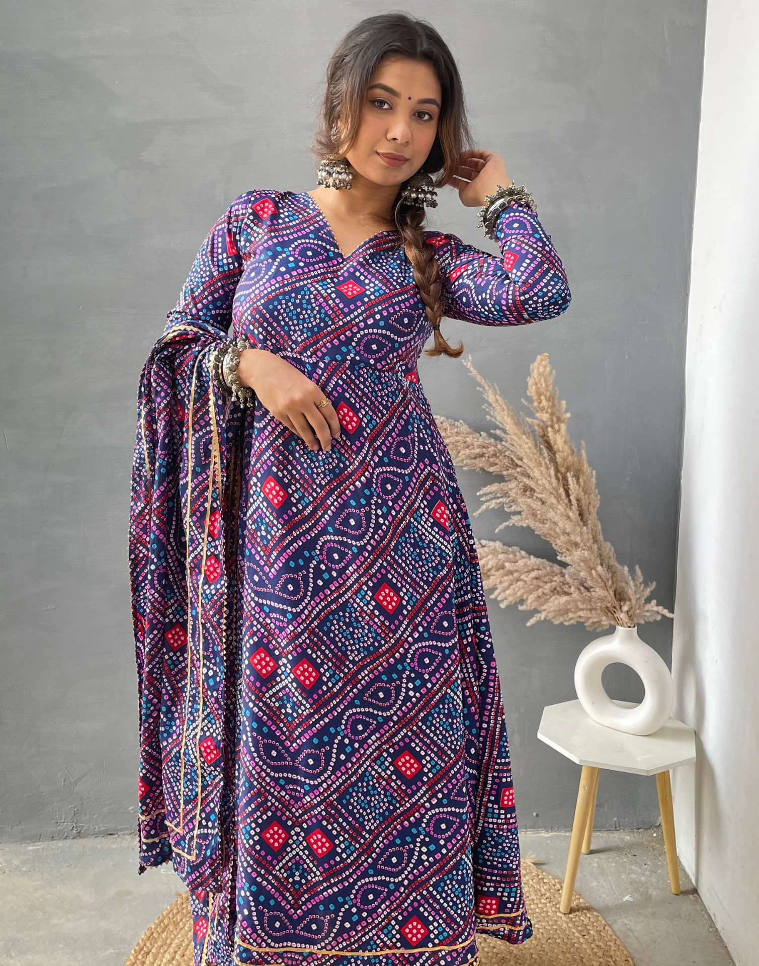 Navy Blue Printed Georgette Flared Kurta With Dupatta