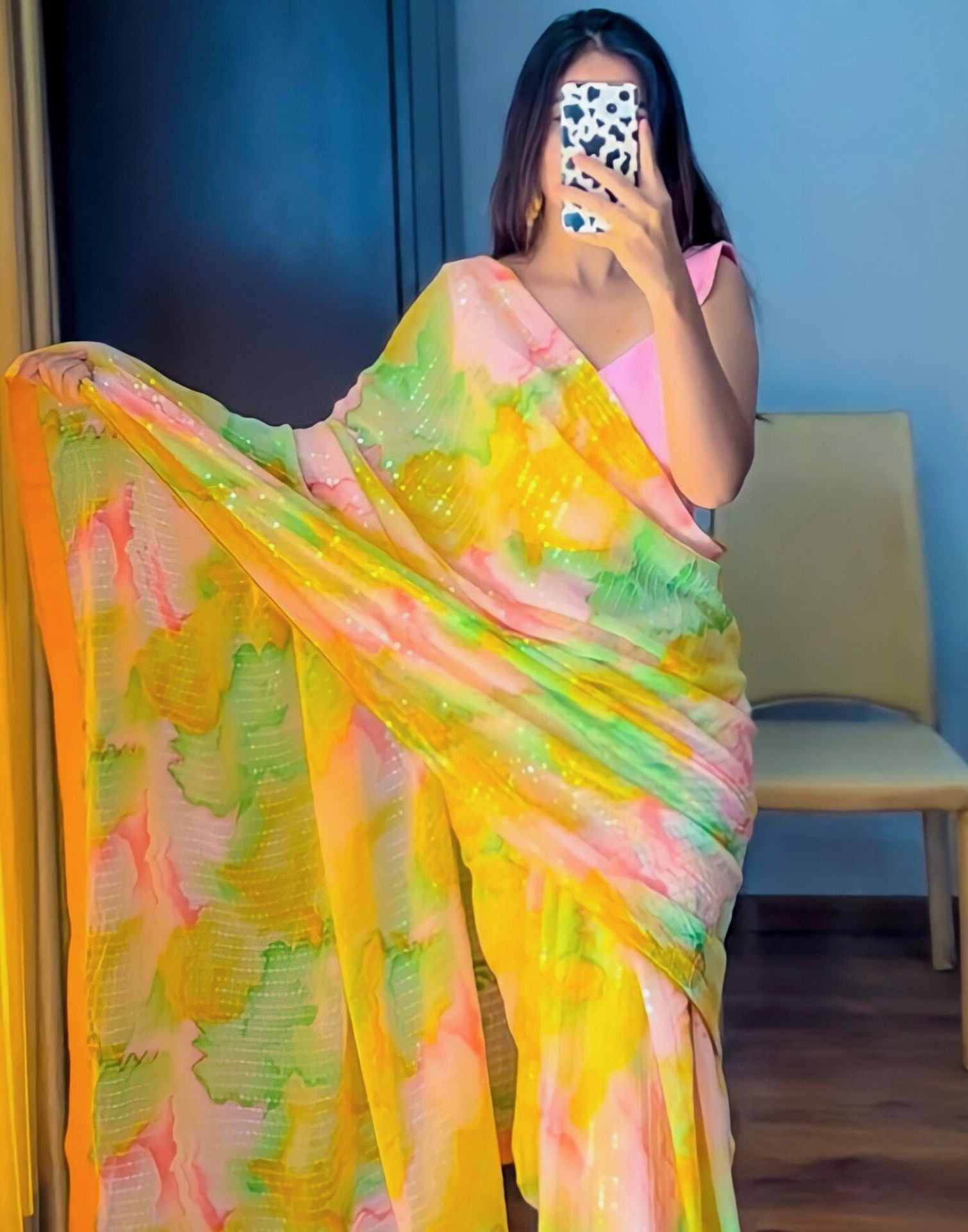 3D Water Color Pastel Florals- Chiffon Saree Set – Reeti