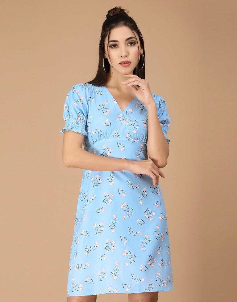Light Blue Printed Straight Dress | Leemboodi