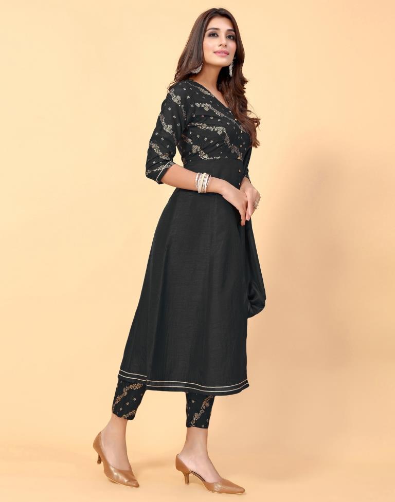 Solid Ethnic Floral Embroidered A-Line Kurta with Pant - Navy Blue – FASHOR