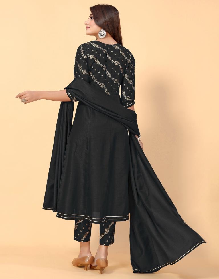 Black Printed Silk A-line Kurta With Pant And Dupatta