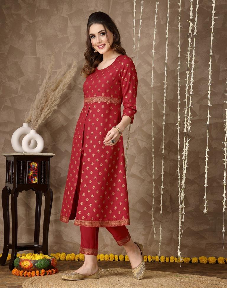 Red Printed A-Line Kurta With Pant