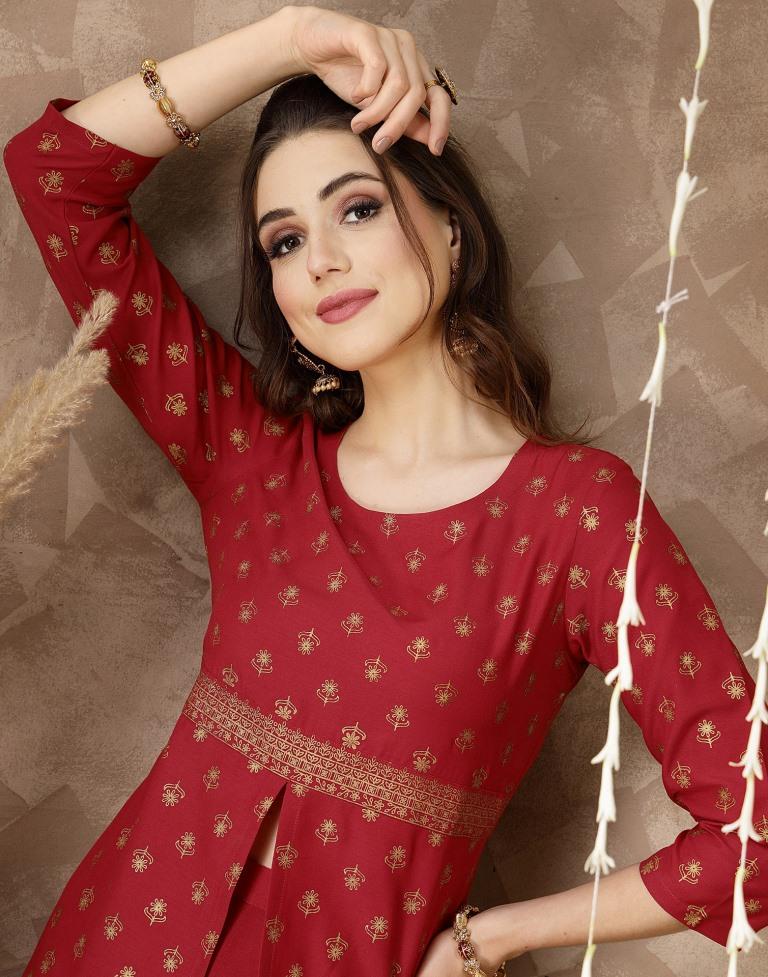 Red Printed A-Line Kurta With Pant