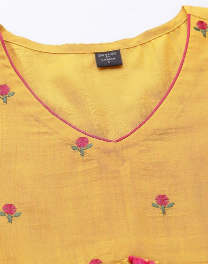 Musterd Yellow Embroidery Chinnon A-Line Kurta