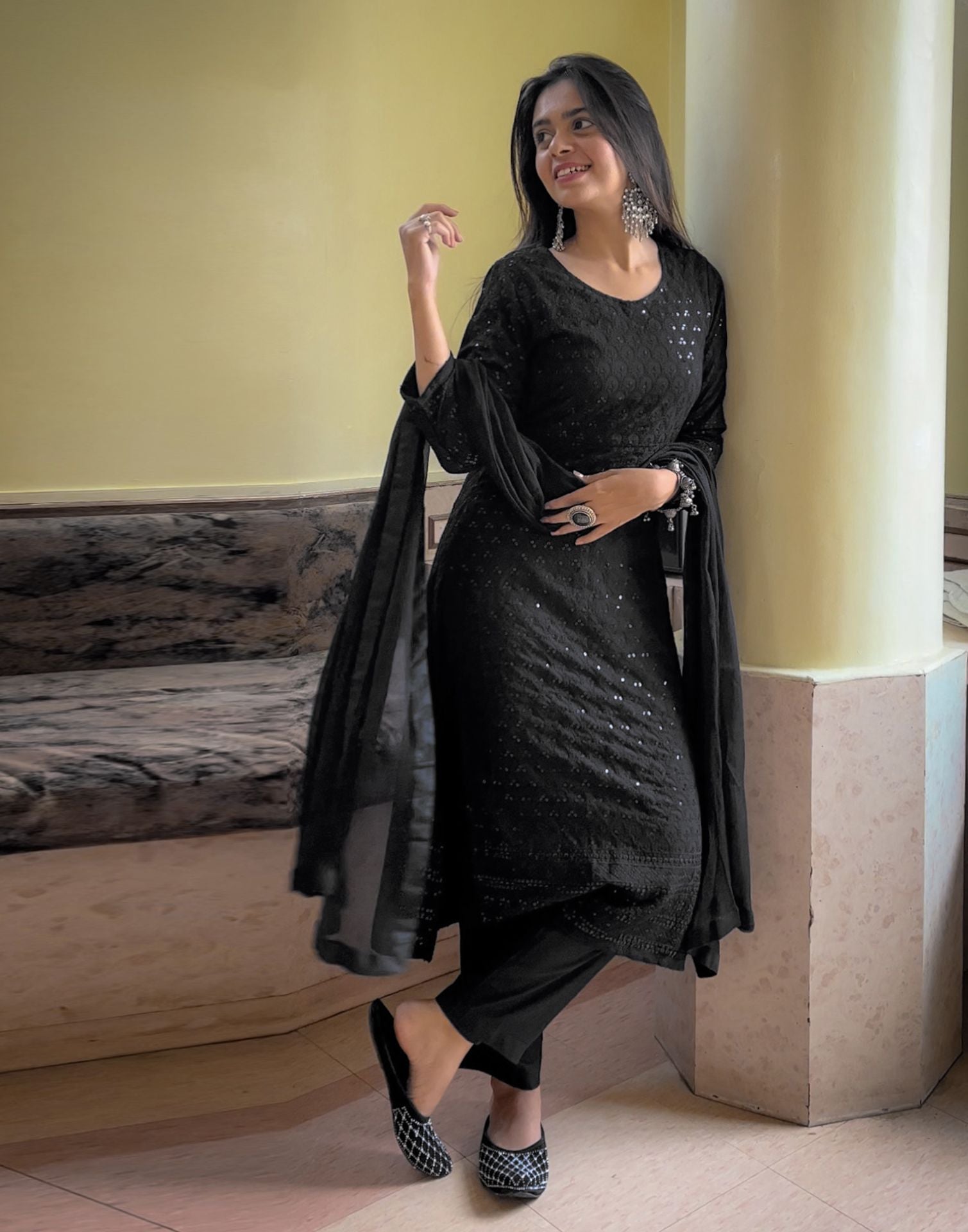 Black Heavy faux Georgette Designer Party wear Full Flair Gown Kurti w   Royskart
