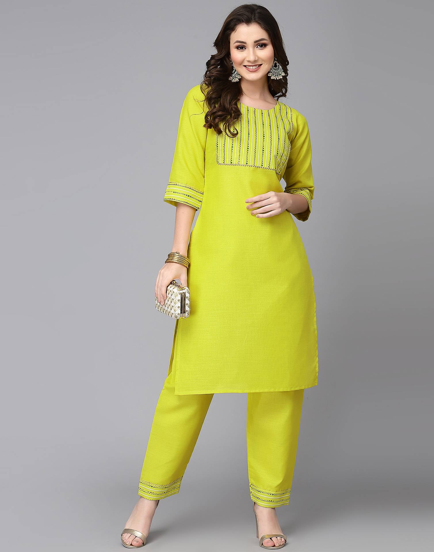 Green Color Kurti and Yellow Patiyala Suit With Embroidery Work and Dupatta  | Latest salwar suit designs, Patiyala suit, Traditional outfits