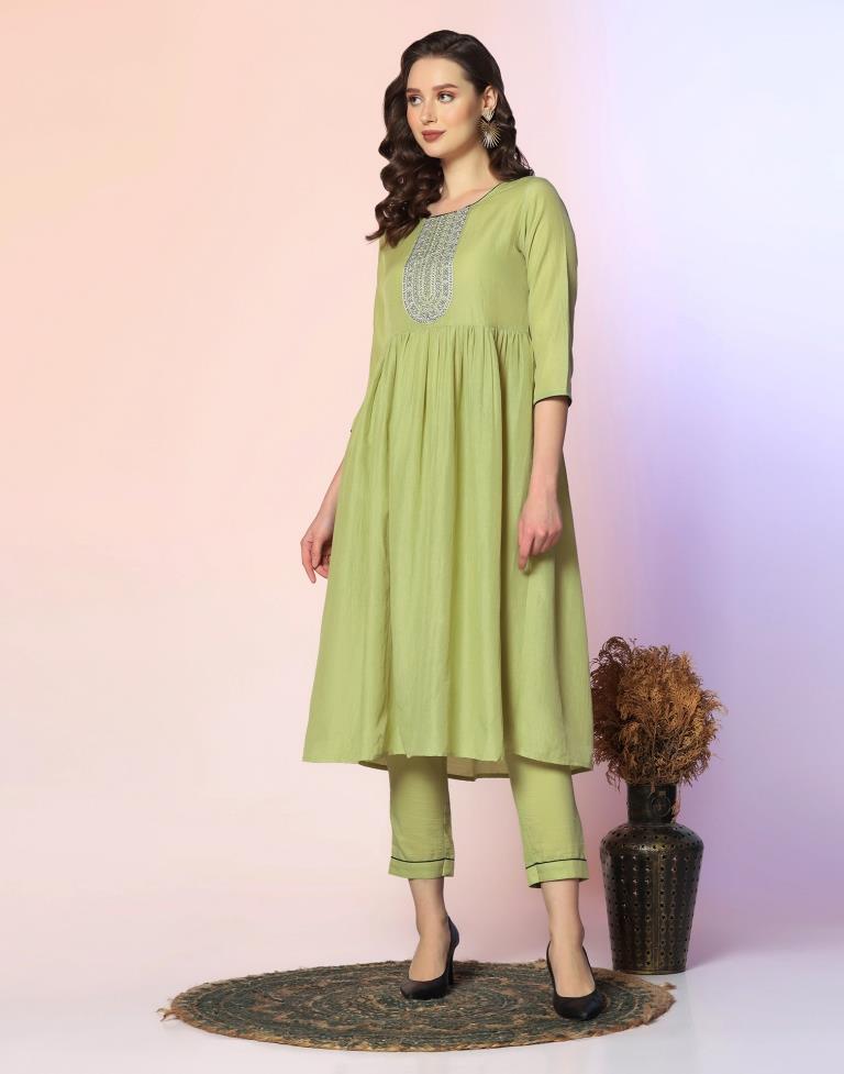 Pista Green Embroidered Kurta With Pant And Dupatta