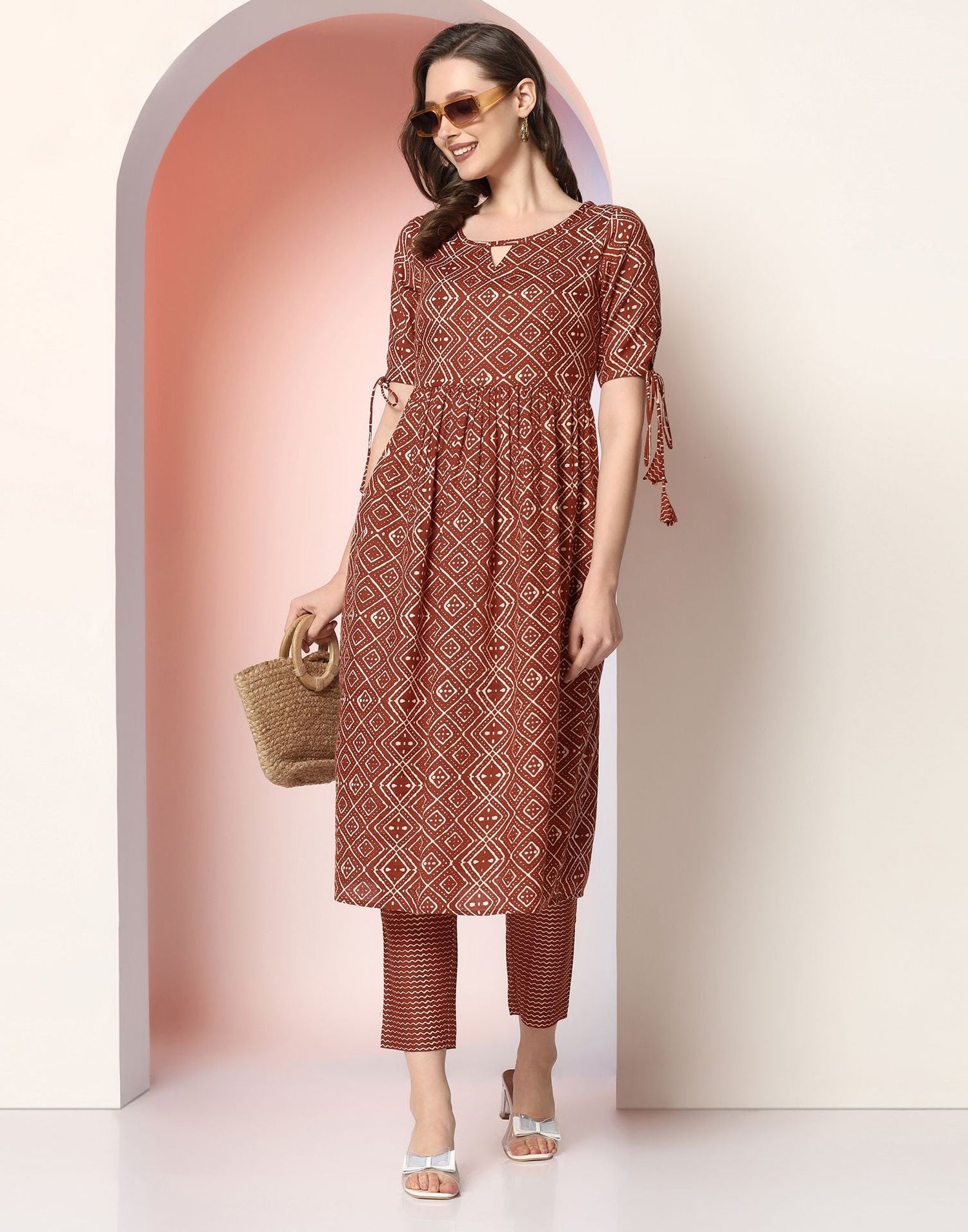 Brown Printed Cotton A-Line Kurta With Pant