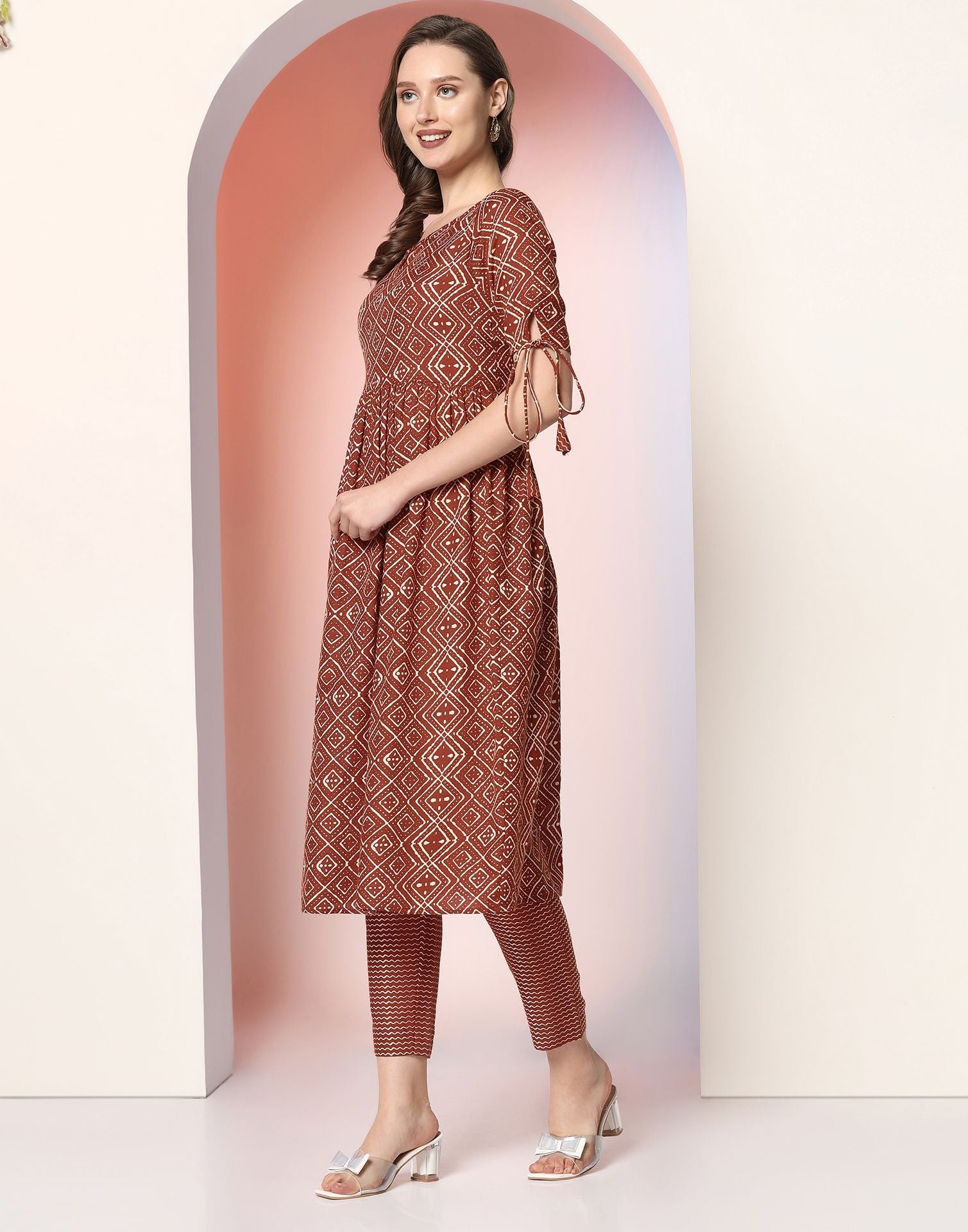 Brown Printed Cotton A-Line Kurta With Pant