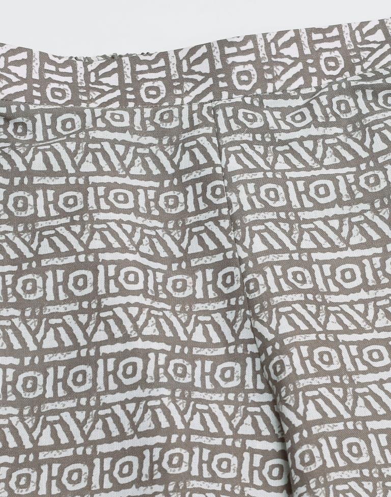 Grey Printed Cotton A-Line Kurta Set with Dupatta