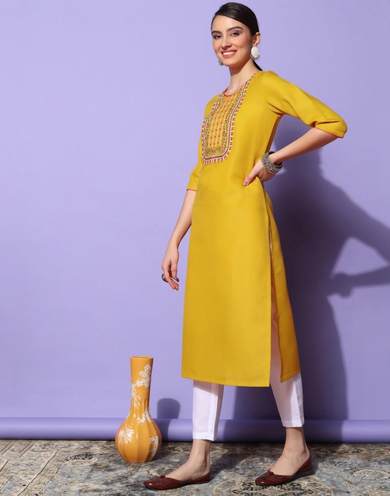 Mustard Yellow Cotton Embroidery Straight Kurta | Leemboodi