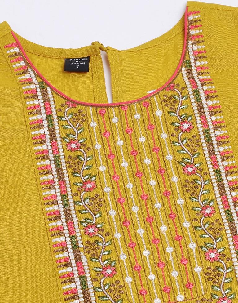 Mustard Yellow Cotton Embroidery Straight Kurta | Leemboodi