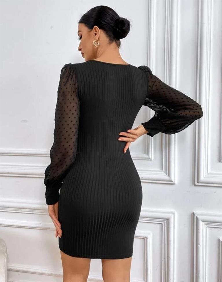 Black Swiss Dot Mesh Sleeve Bodycon Dress | Leemboodi