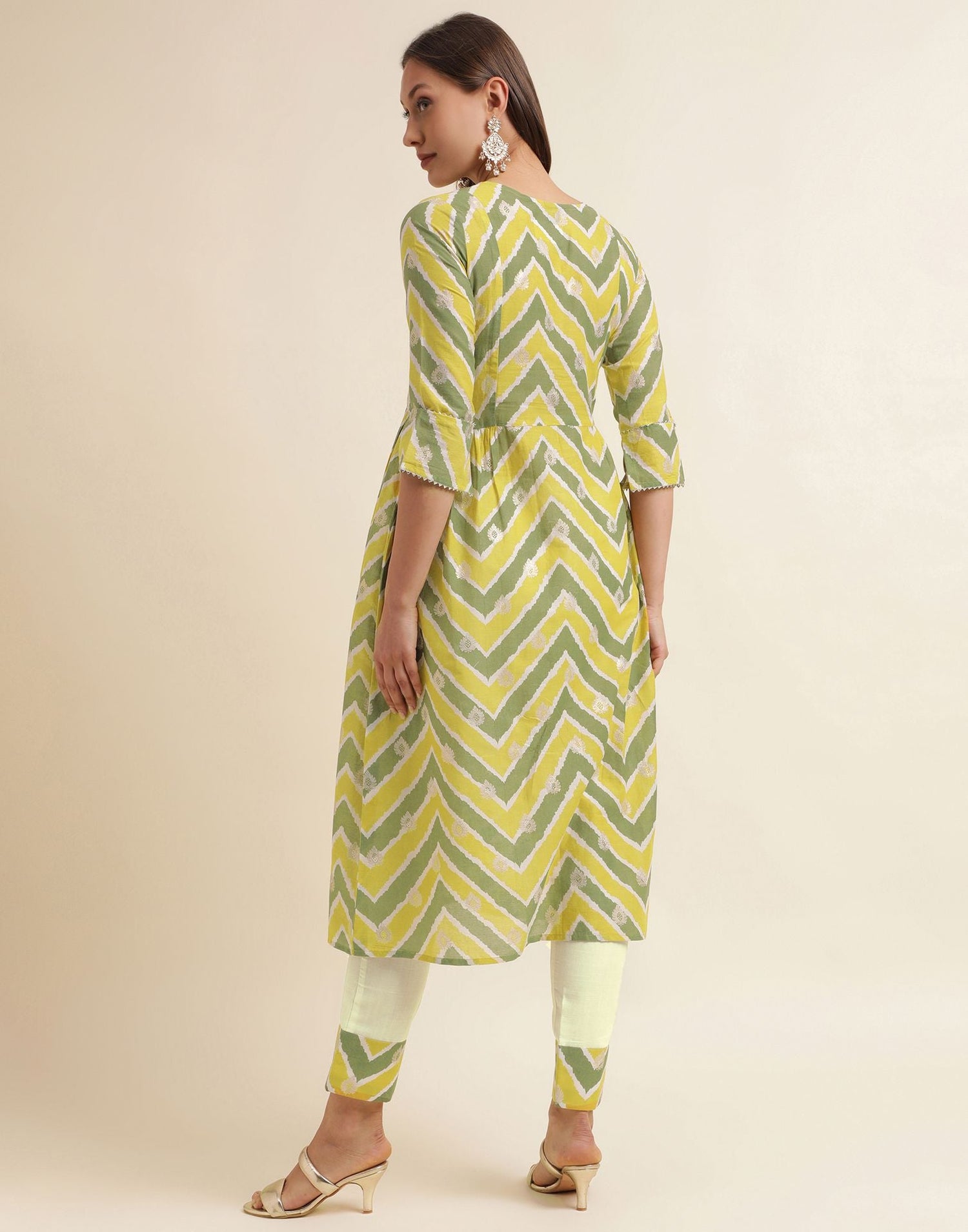 Green Printed Cotton A-Line Kurta With Pant