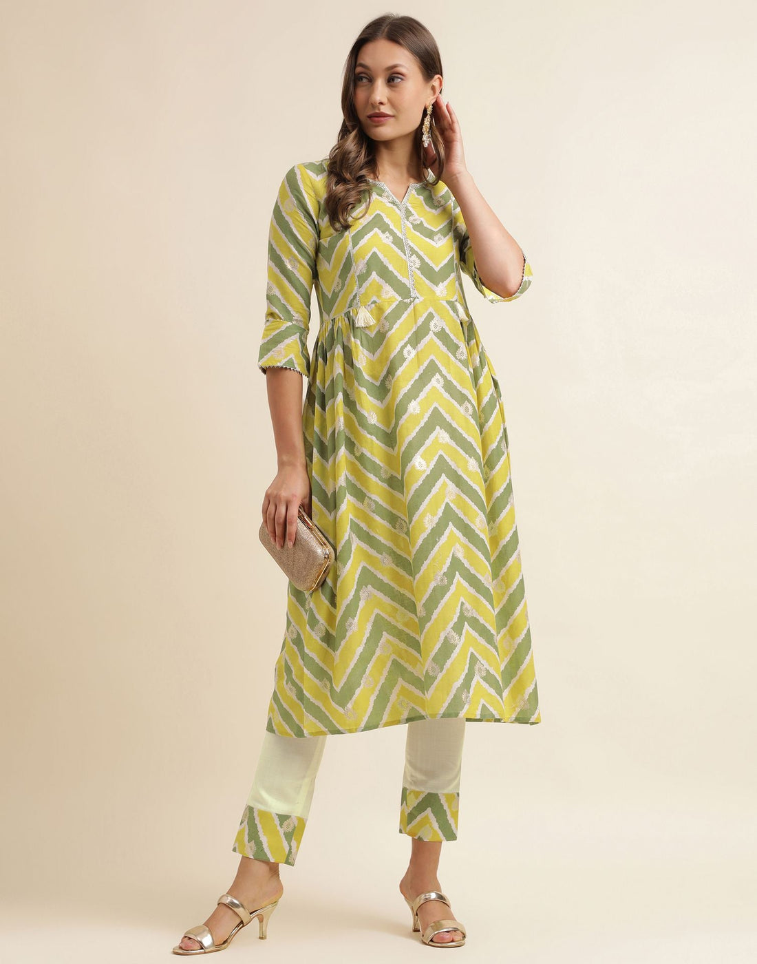 Green Printed Cotton A-Line Kurta With Pant