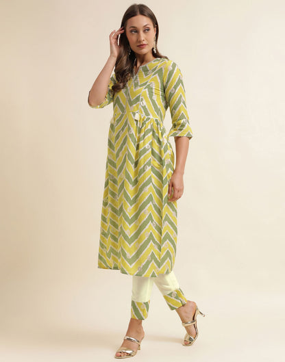 Green Printed Cotton A-Line Kurta With Pant