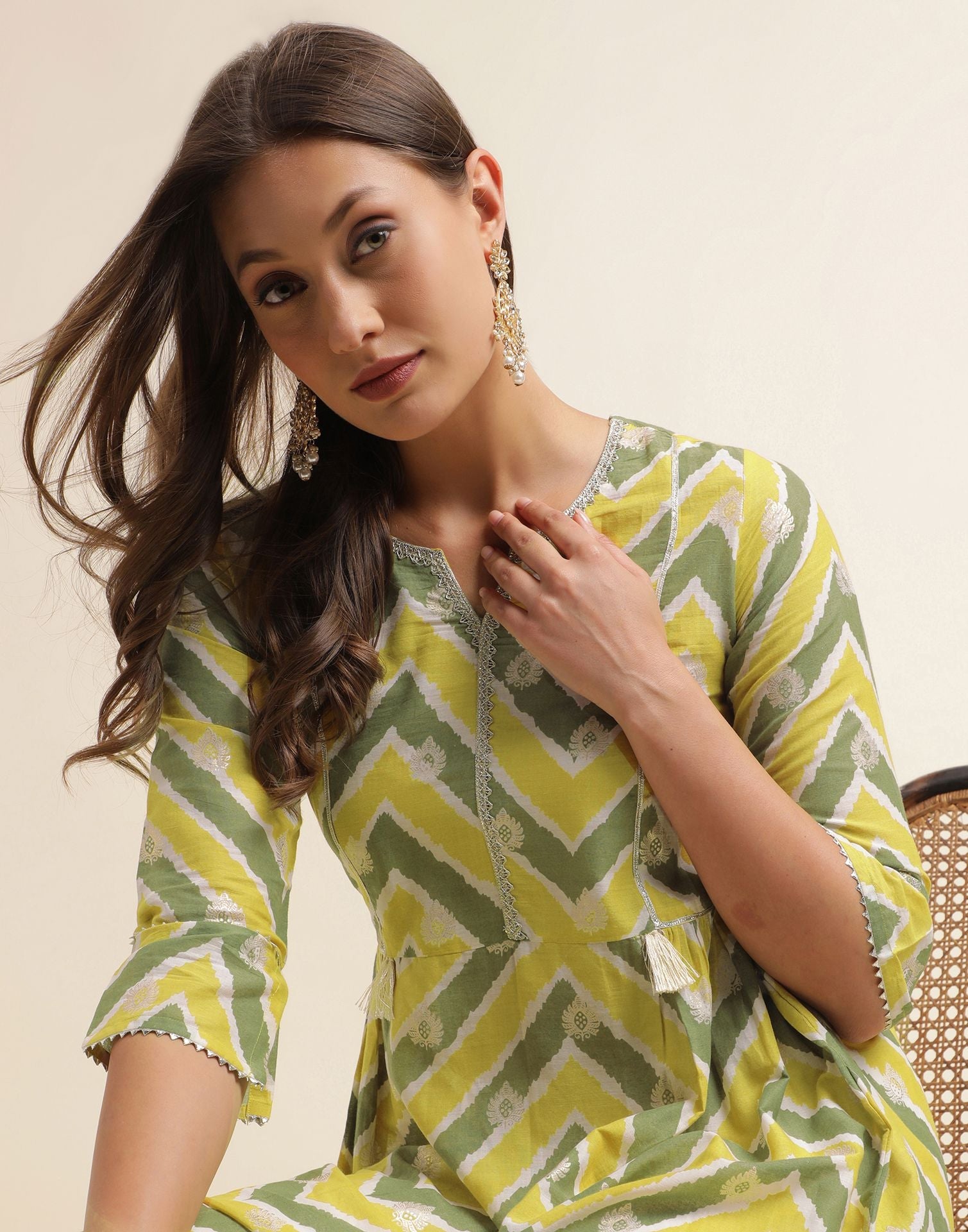 Green Printed Cotton A-Line Kurta With Pant