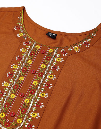 Rust Embroidery Cotton Straight Kurta With Pant