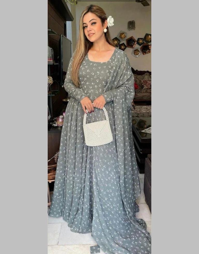Grey Printed Georgette Gown Kurta With Dupatta