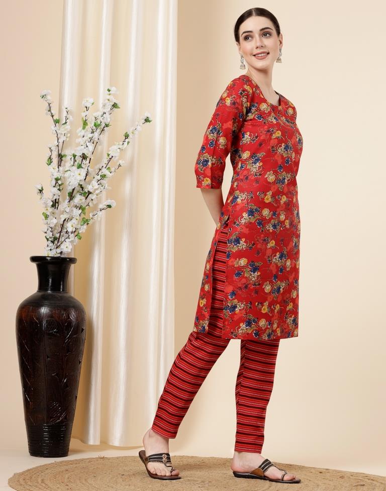 Red Printed Kurta With Pant