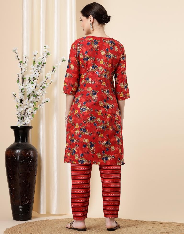 Red Printed Kurta With Pant