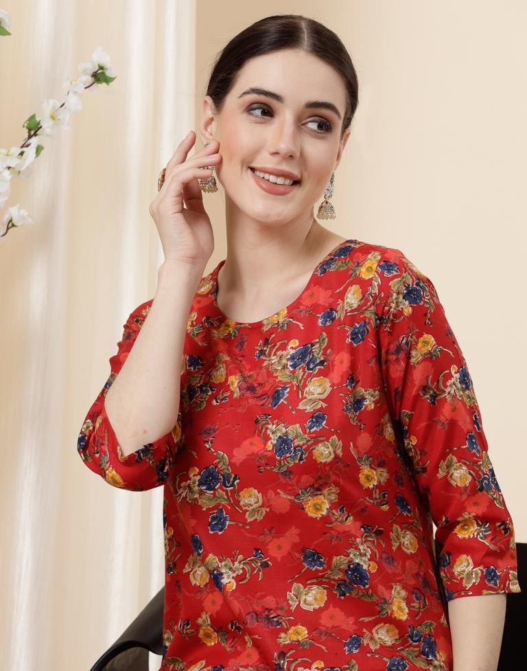 Red Printed Kurta With Pant