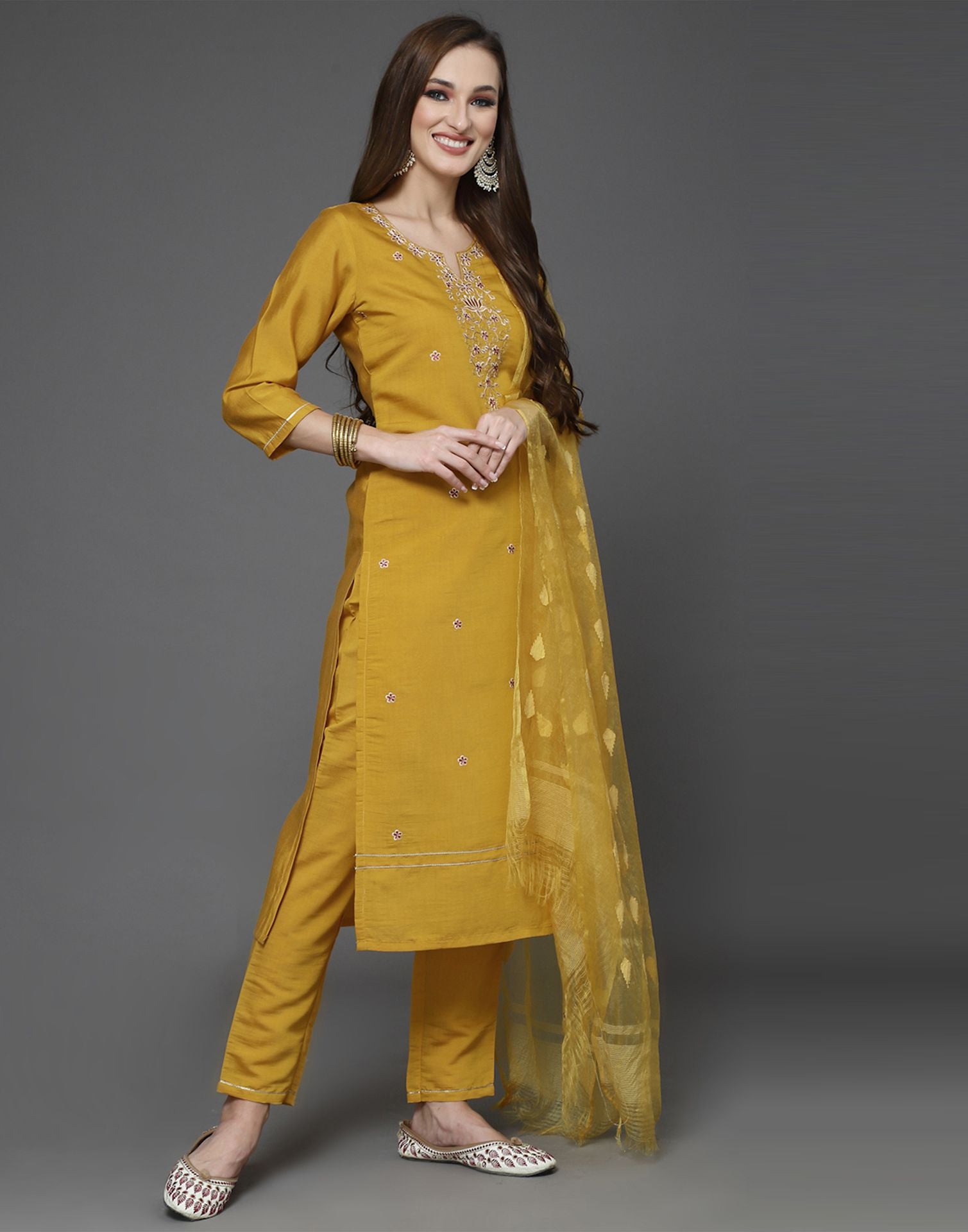 True gold color rayon embroidered kurti pant set with dupatta Anthem01.