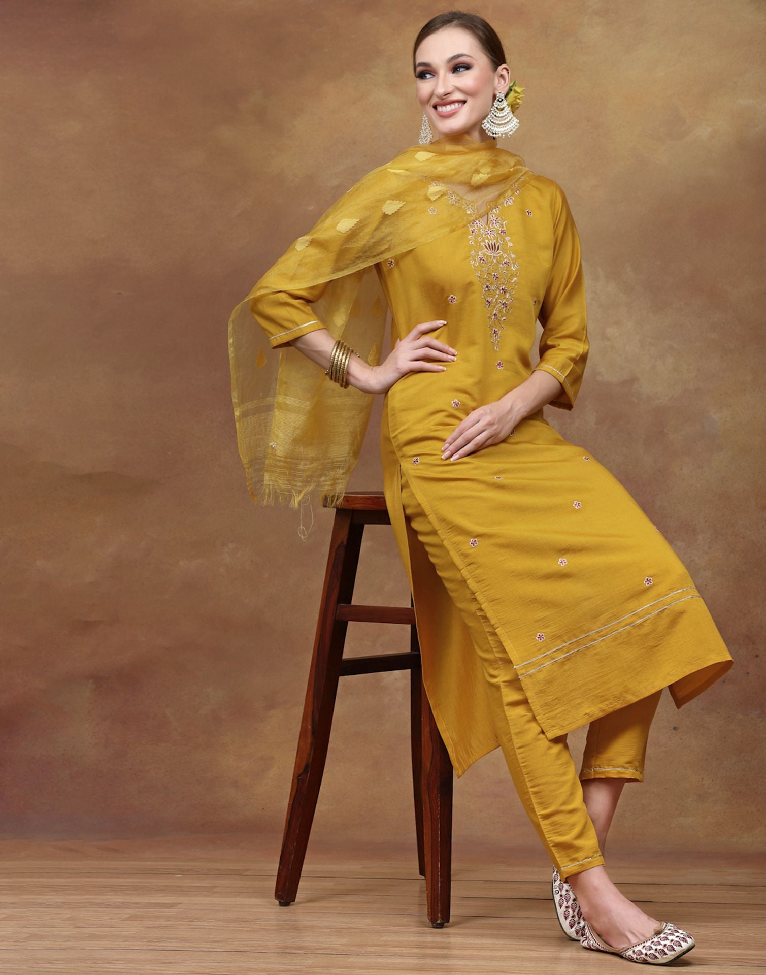 anokherang Salwar Suits and Sets : Buy anokherang Caramel Gold Embroidered  Straight Kurti with Printed Chudidar (Set of 2) Online | Nykaa Fashion.