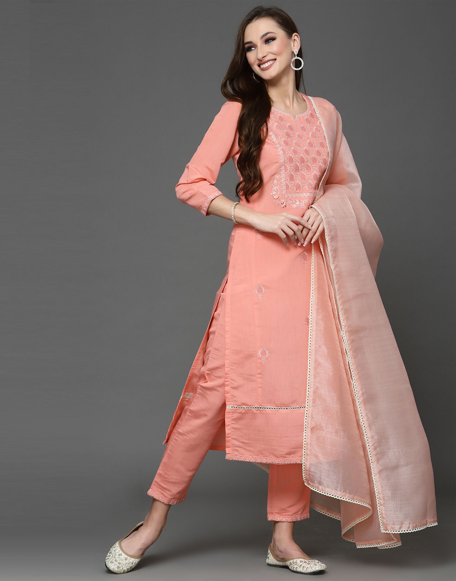 Pristine Peach Rayon Printed Flared Front Open Long Kurta For Ladies