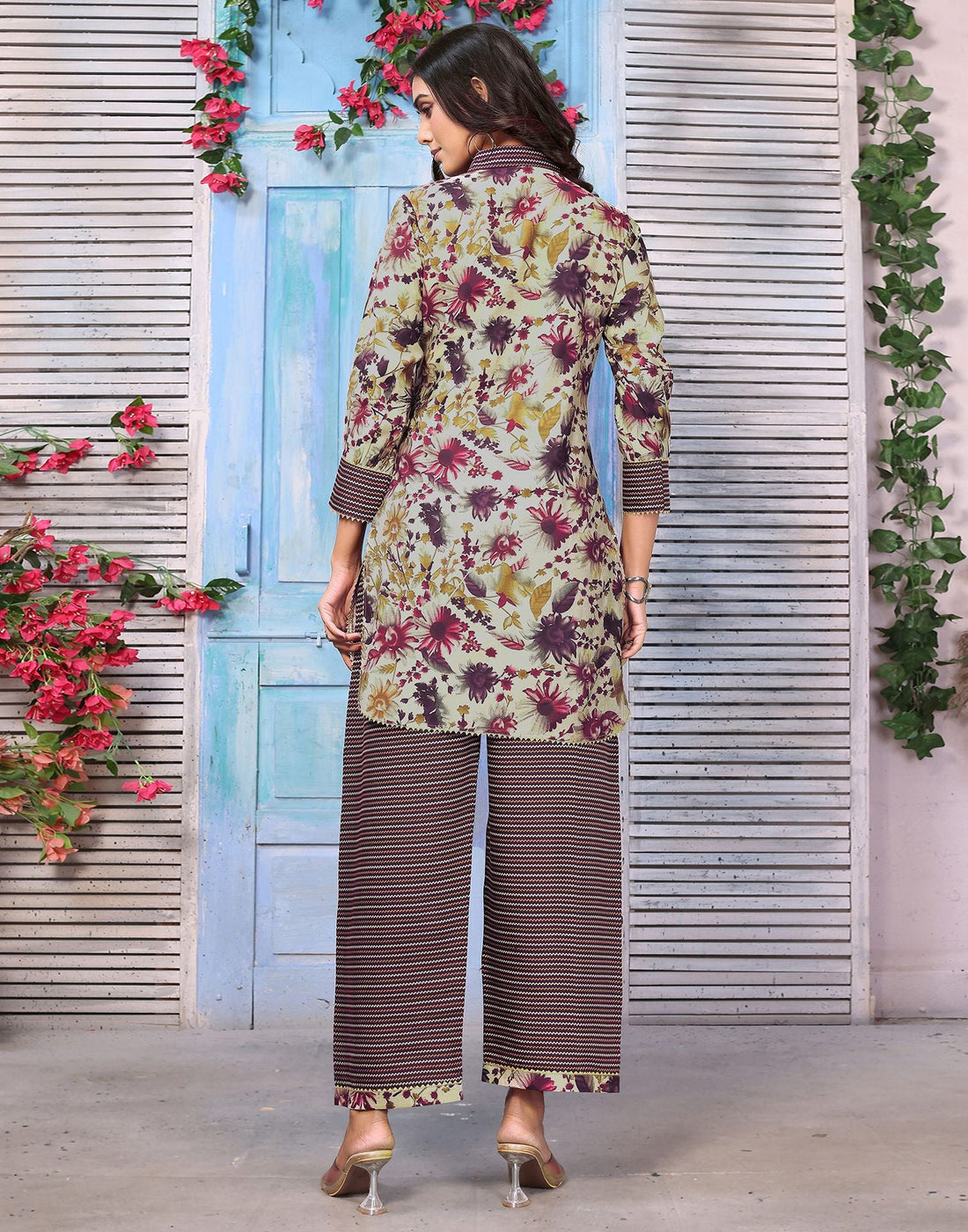 Beige Printed Chanderi Straight Kurta With Pant