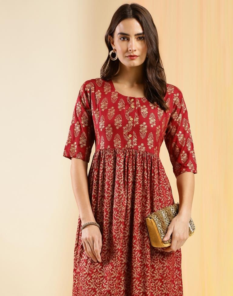 Brick Red Cotton Printed Flared Dress | Leemboodi