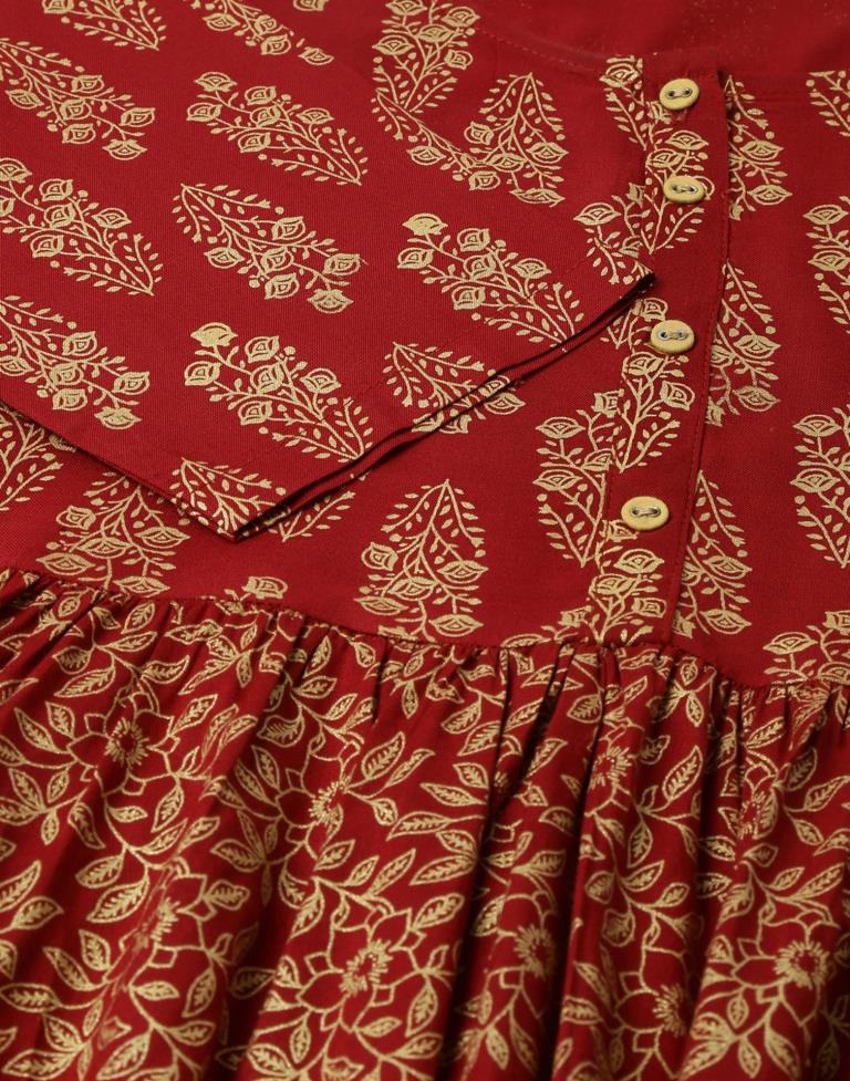 Brick Red Cotton Printed Flared Dress | Leemboodi