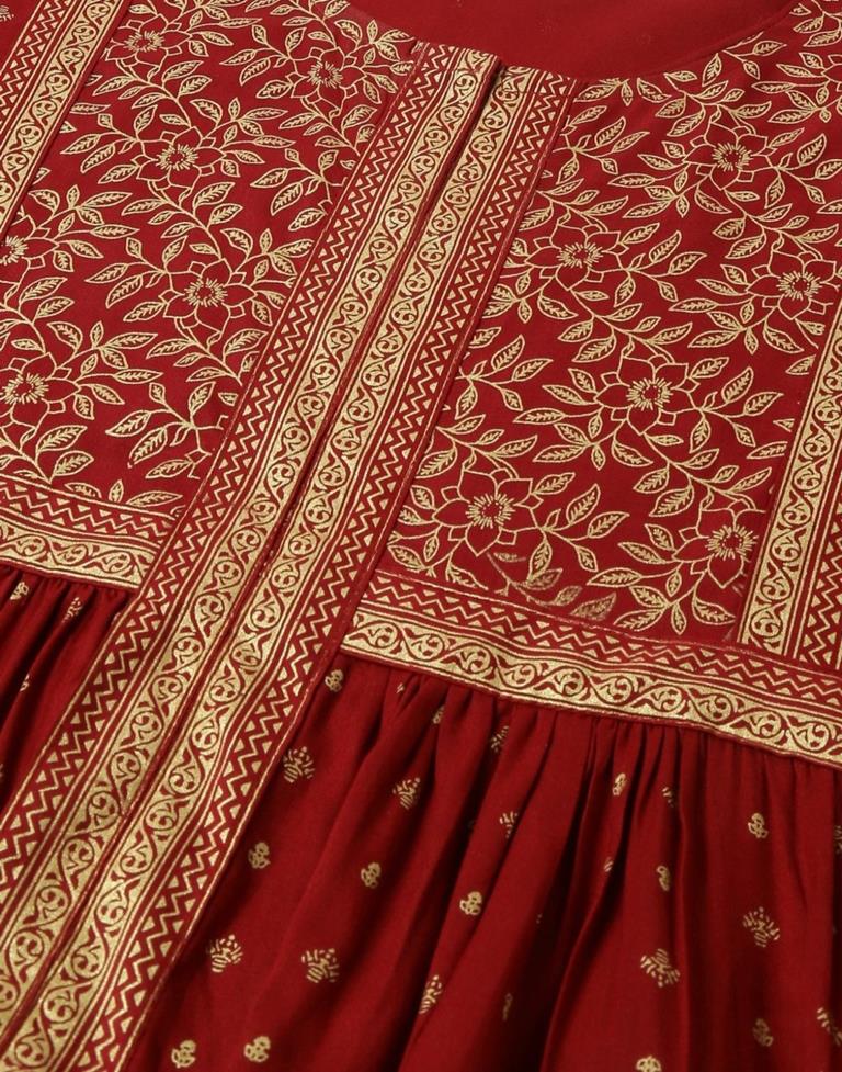 Brick Red Cotton Printed Flared Kurta | Leemboodi
