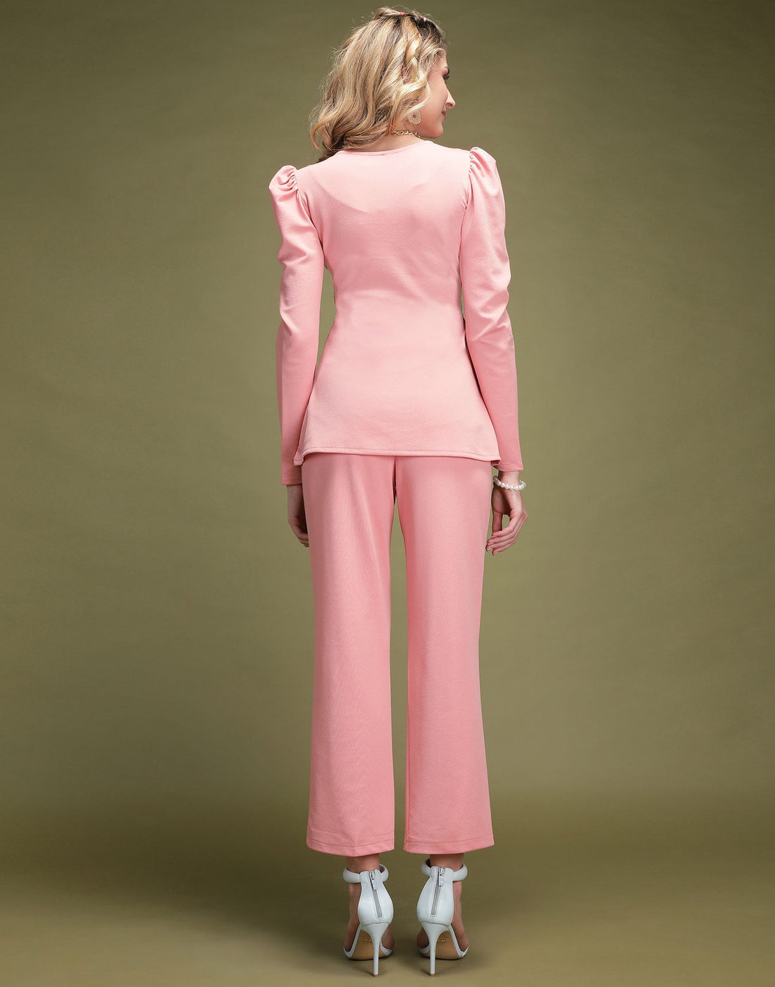 Pink Puff Sleeve Solid Co-Ords Set | Leemboodi