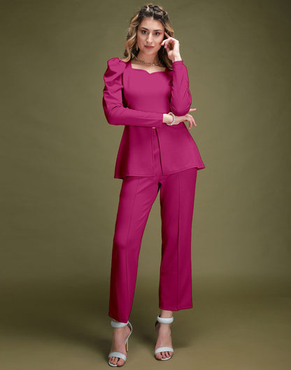 Fuchsia Pink Puff Sleeve Solid Co-Ords Set