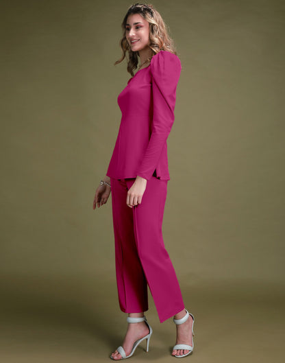 Fuchsia Pink Puff Sleeve Solid Co-Ords Set | Leemboodi