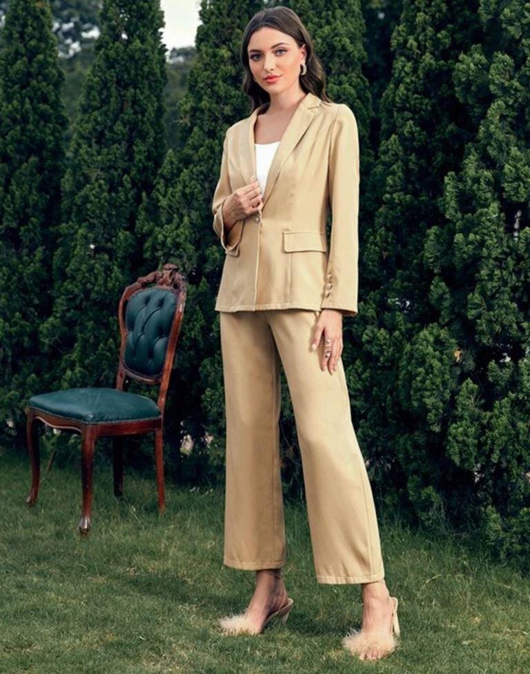 Beige Single Button Blazer With Cami Top &amp; Tailored Pant | Leemboodi