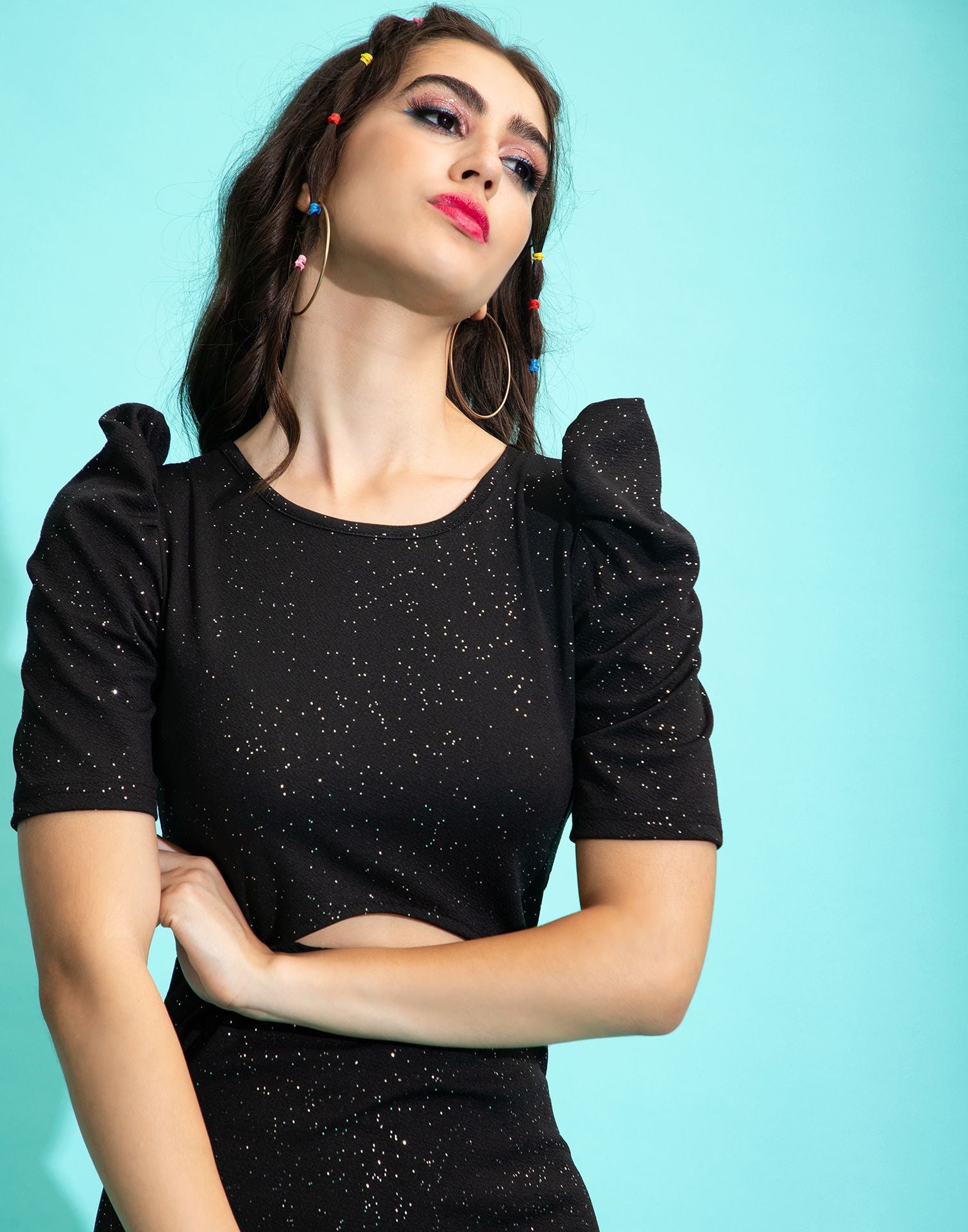 Black Glitter Cut-out Bodycon Dress | Leemboodi