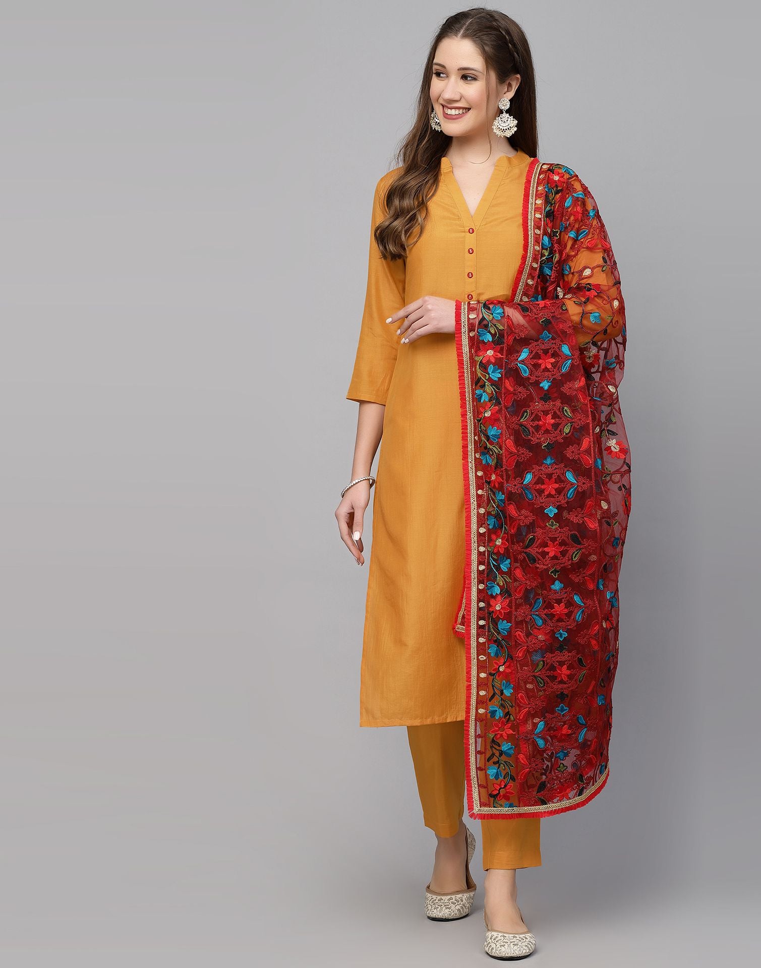 Yellow Straight Kurti With Pant And Shawl Set For Women- Aamayra Fashion  House