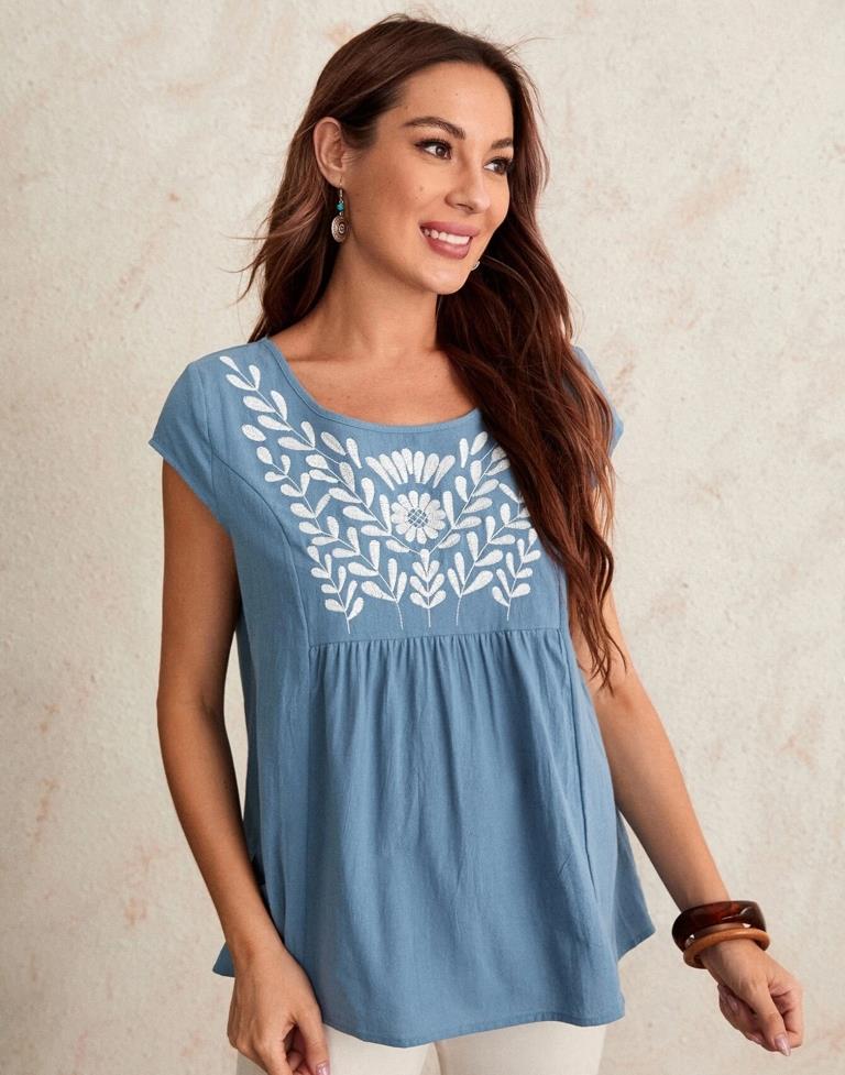 Light Blue Cotton Embroidery Top | Leemboodi