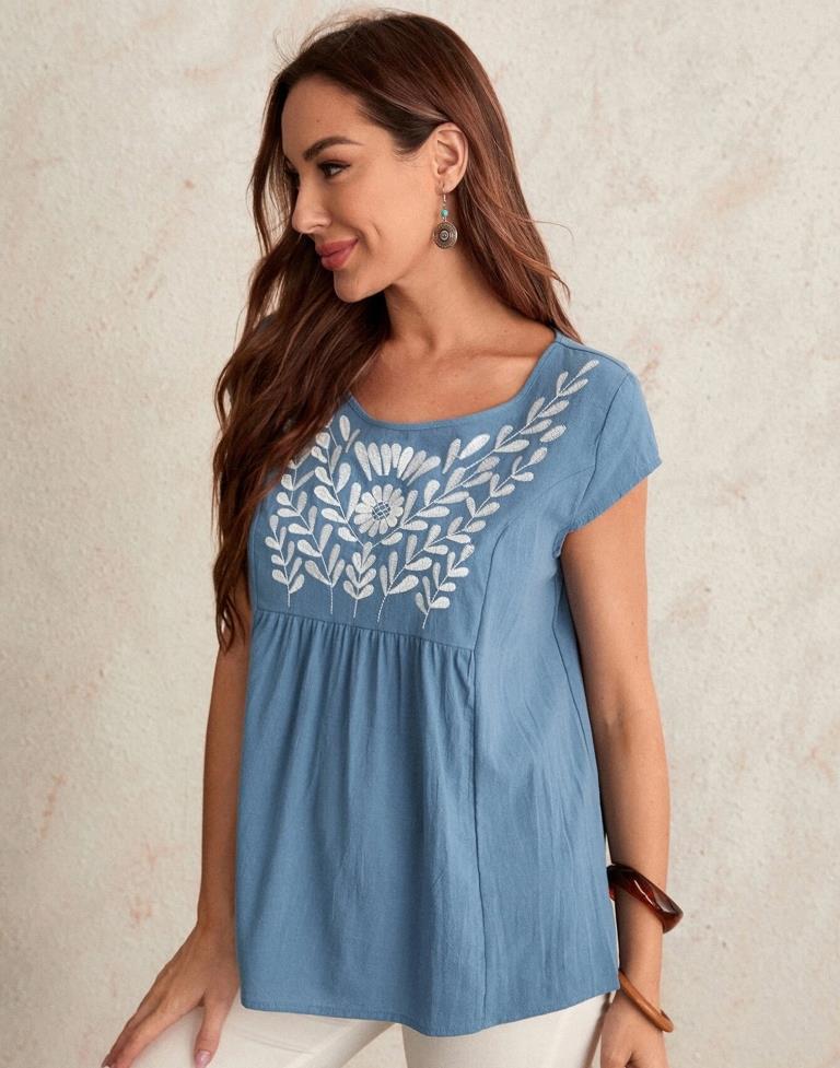 Light Blue Cotton Embroidery Top | Leemboodi