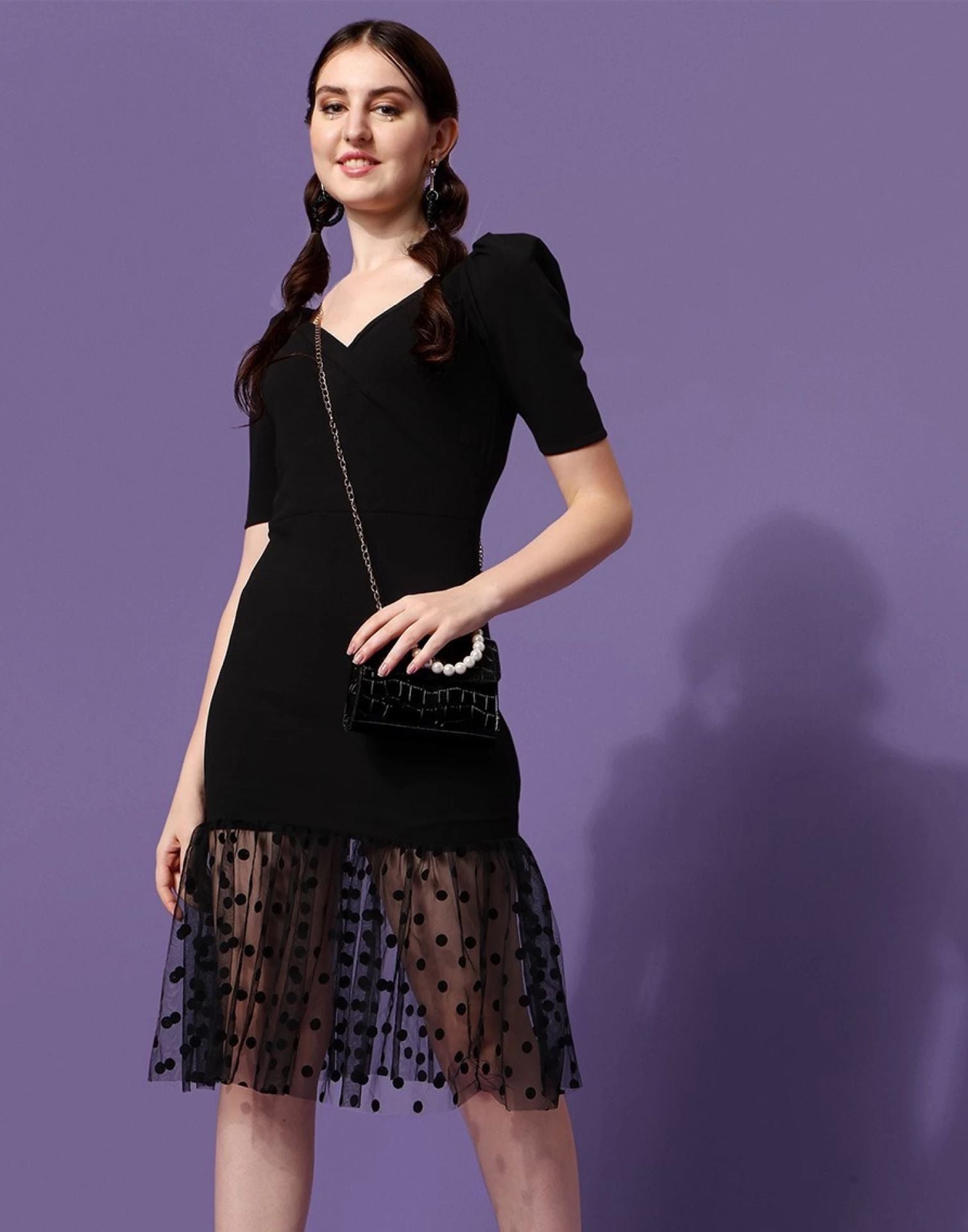 Black Net Frill Bodycon Dress | Leemboodi