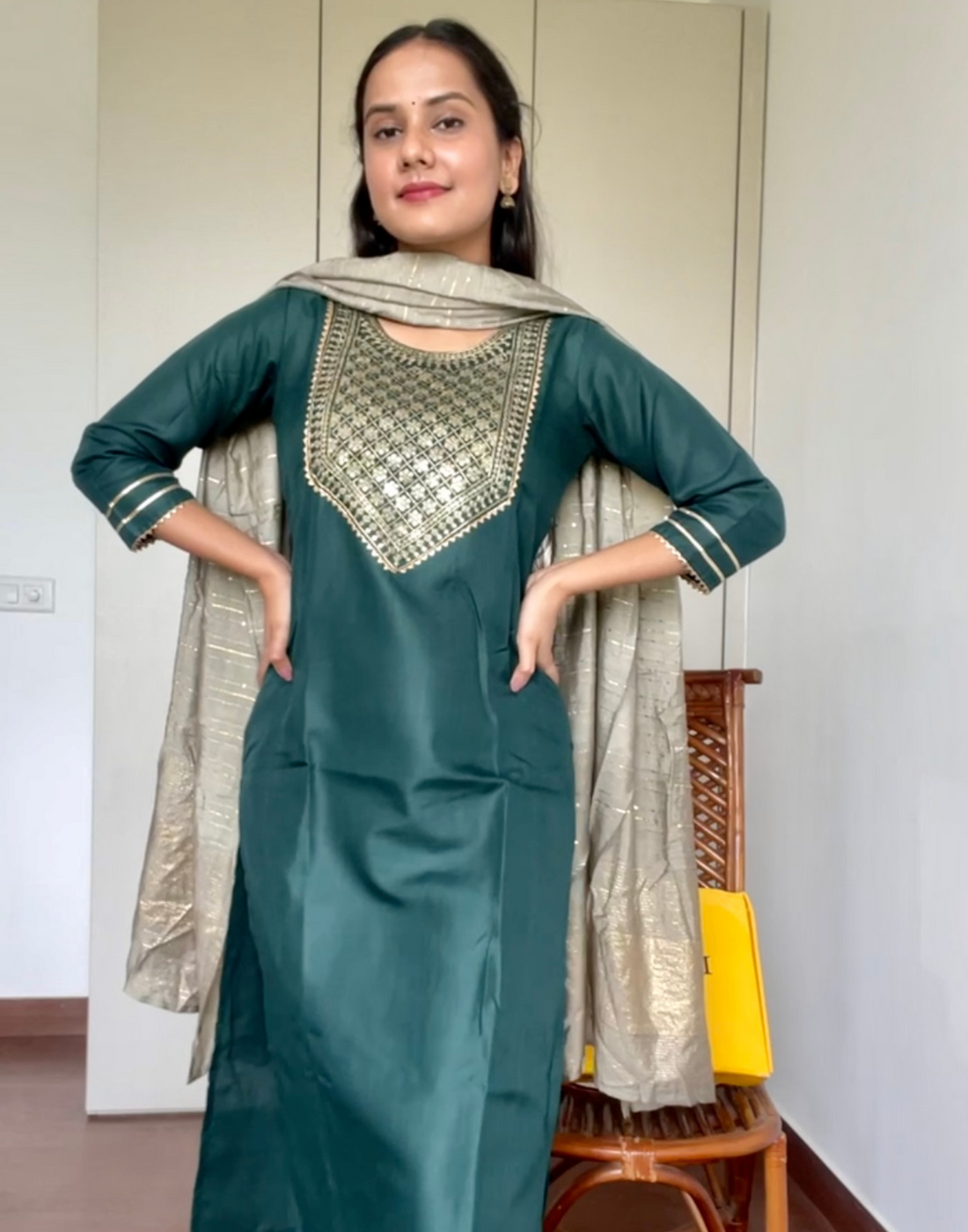 Green Cotton Embroidery Straight Kurta With Pant And Dupatta