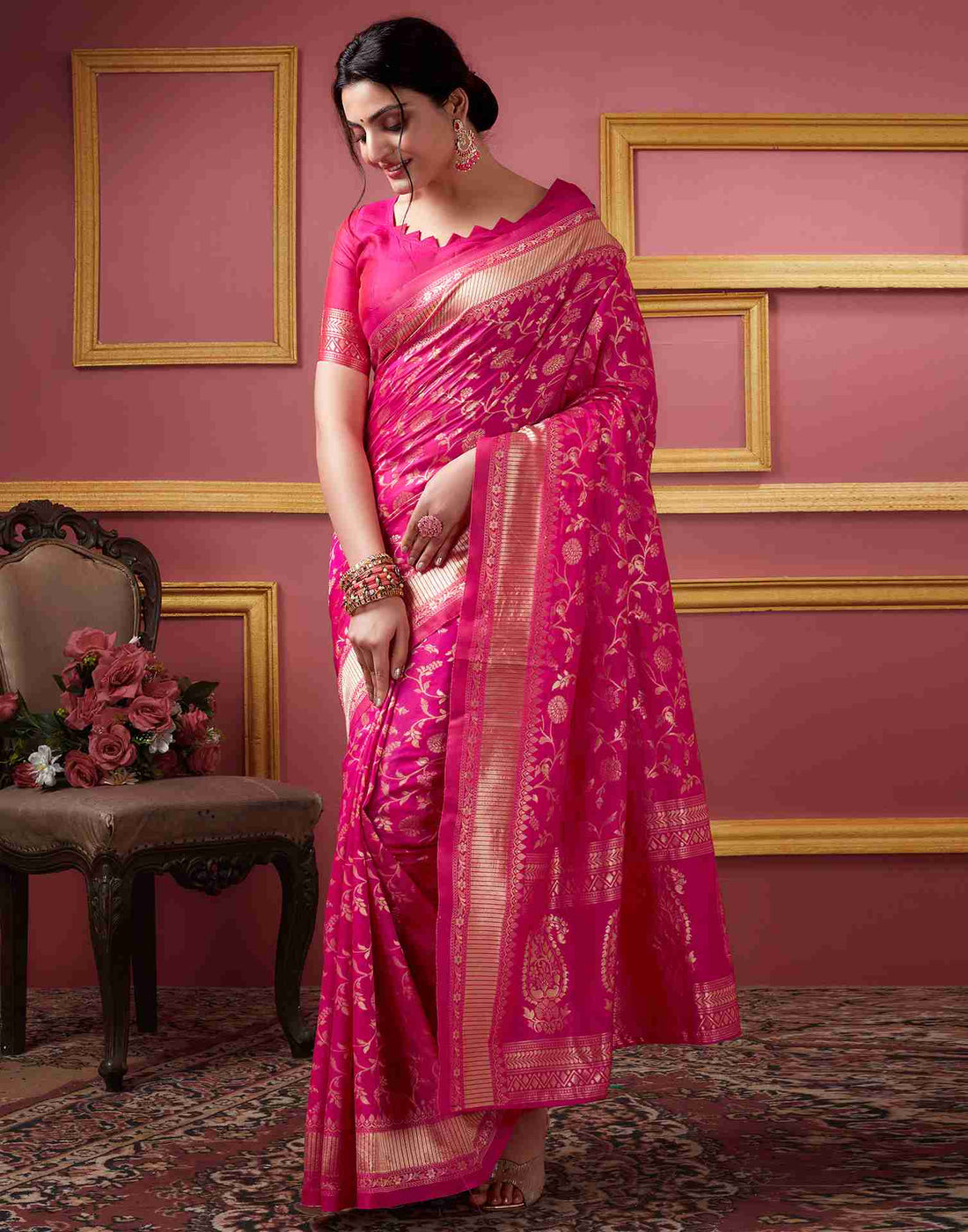 Rani Pink Silk Plain Saree