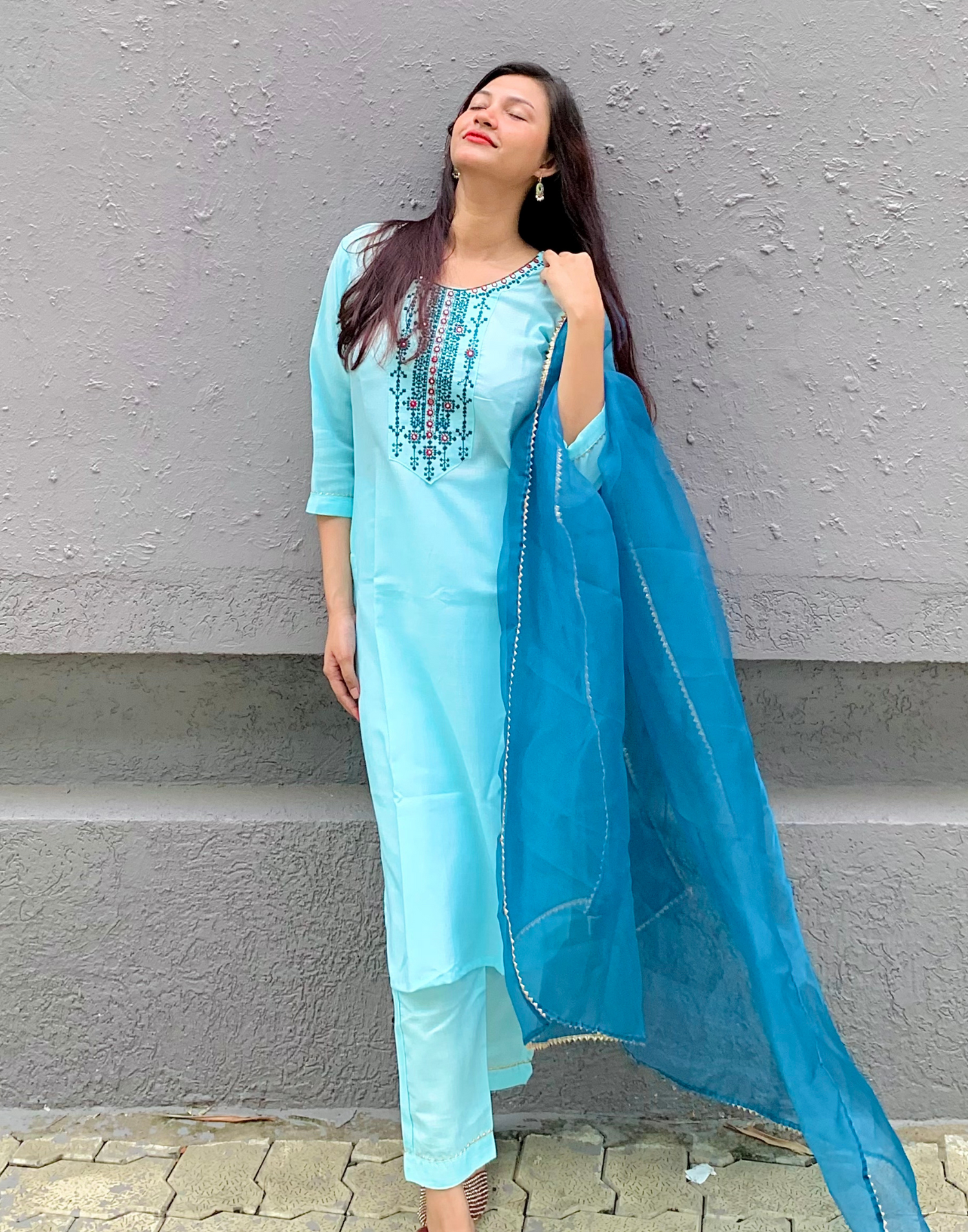 Light Blue Cotton Embroidery Straight Kurta With Pant And Dupatta